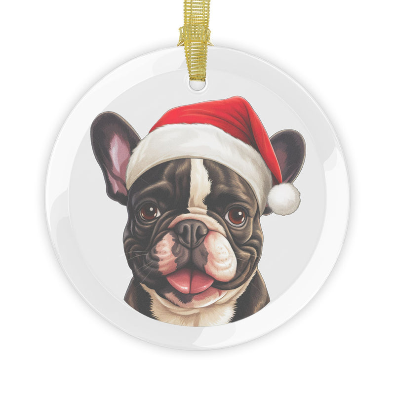 Glass Ornament - Dark Brown and White French Bulldog  with Santa Hat - Frenchie