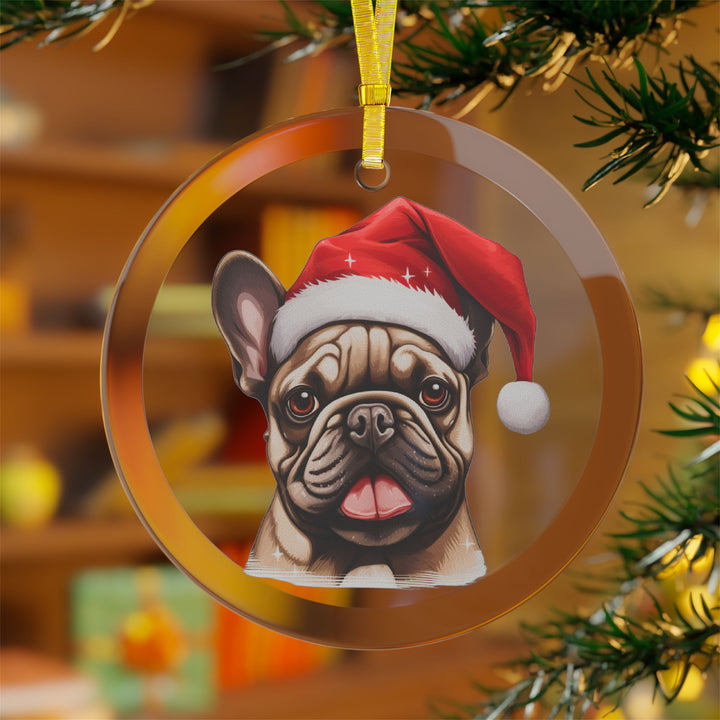 Glass Ornament - Light Brown French Bulldog  with Santa Hat - Frenchie