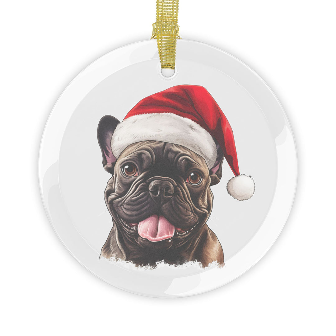 Glass Ornament - Dark Brown French Bulldog  with Santa Hat - Frenchie