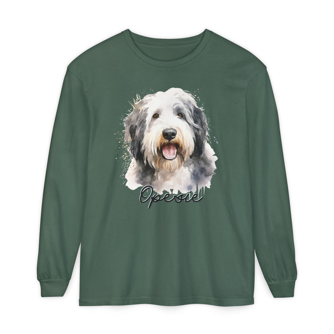 Old English Sheepdog Custom Dog Name Watercolor Long Sleeve Comfort Colors Tee Sizes S-XL