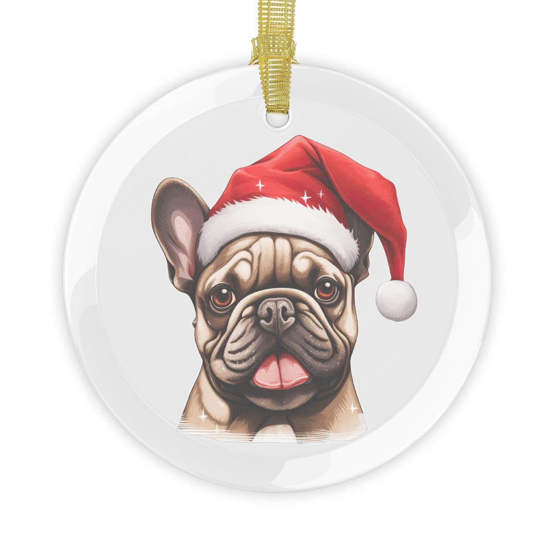 Glass Ornament - Light Brown French Bulldog  with Santa Hat - Frenchie