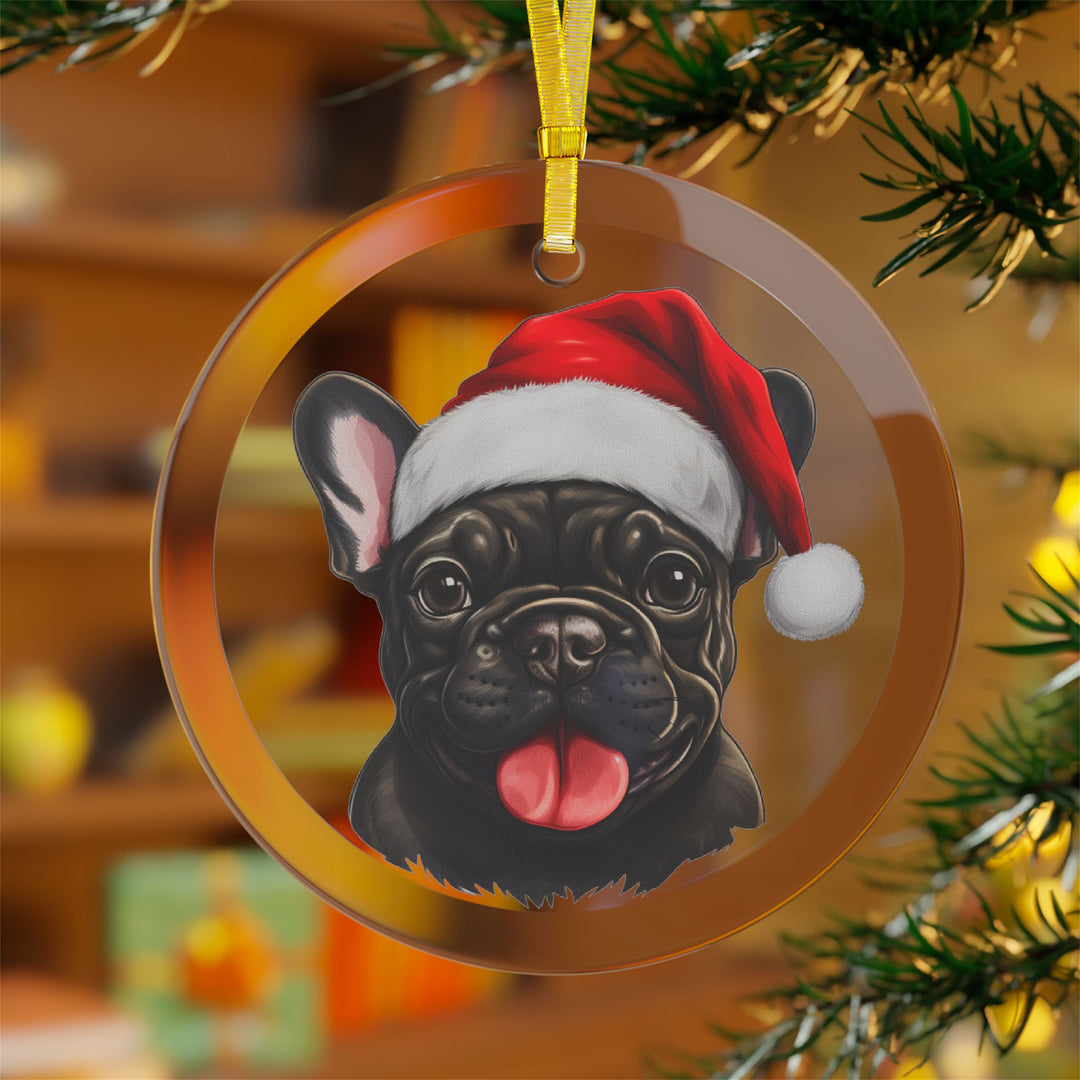 Glass Ornament - Black French Bulldog  with Santa Hat - Frenchie