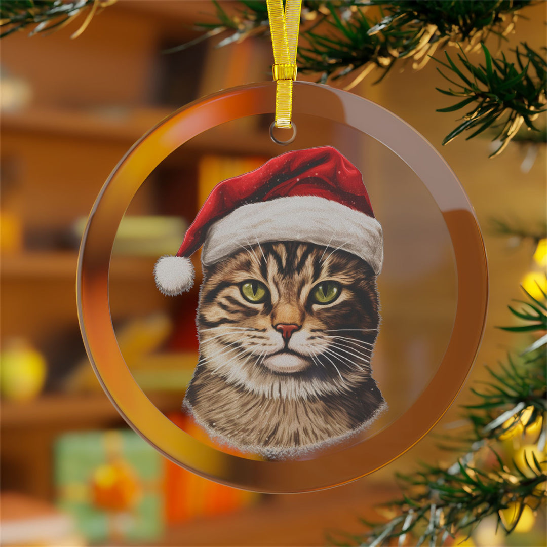 Glass Ornament - Tabby Cat with Santa Hat