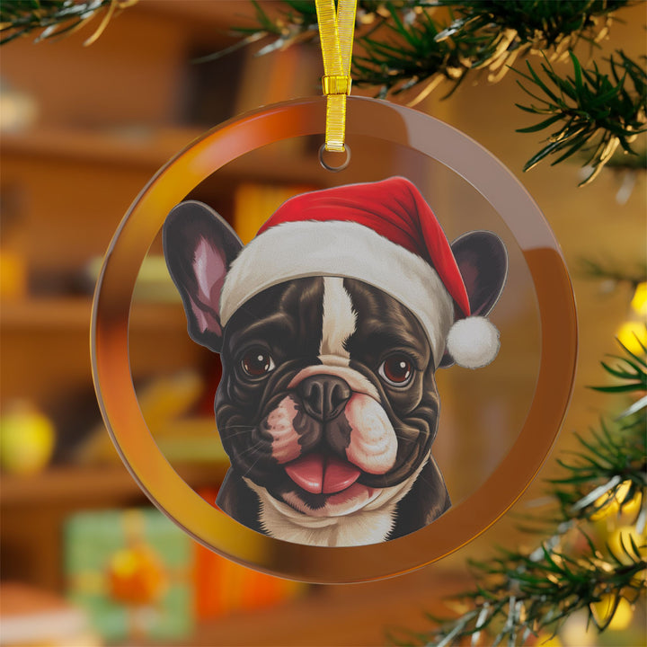 Glass Ornament - Dark Brown and White French Bulldog  with Santa Hat - Frenchie