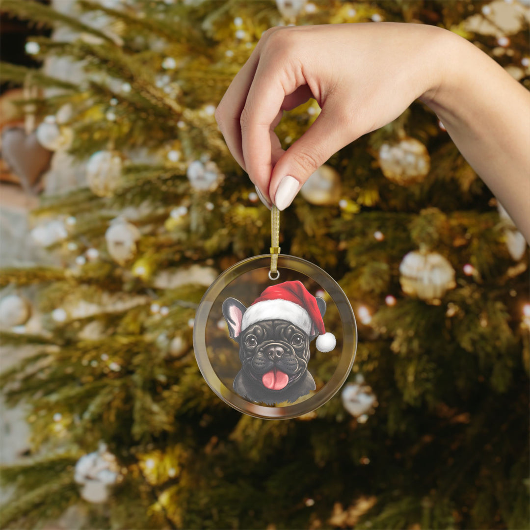 Glass Ornament - Black French Bulldog  with Santa Hat - Frenchie