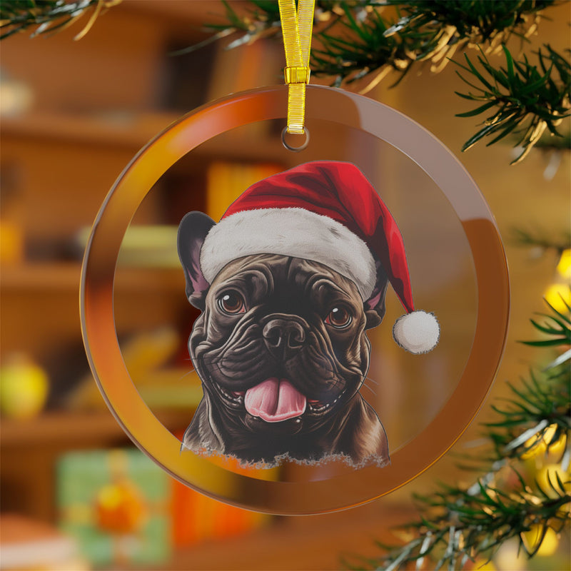 Glass Ornament - Dark Brown French Bulldog  with Santa Hat - Frenchie