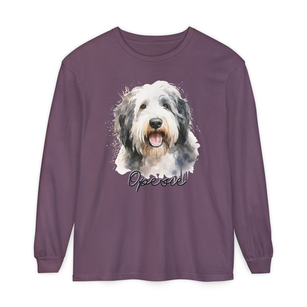 Old English Sheepdog Custom Dog Name Watercolor Long Sleeve Comfort Colors Tee Sizes S-XL