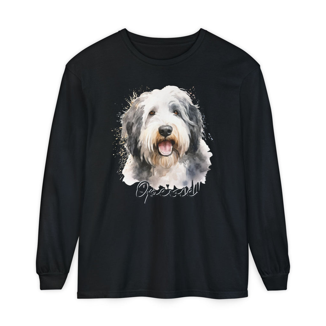 Old English Sheepdog Custom Dog Name Watercolor Long Sleeve Comfort Colors Tee Sizes S-XL