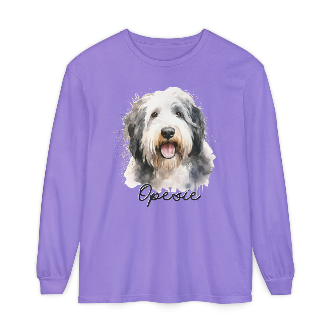 Old English Sheepdog Custom Dog Name Watercolor Long Sleeve Comfort Colors Tee Sizes S-XL