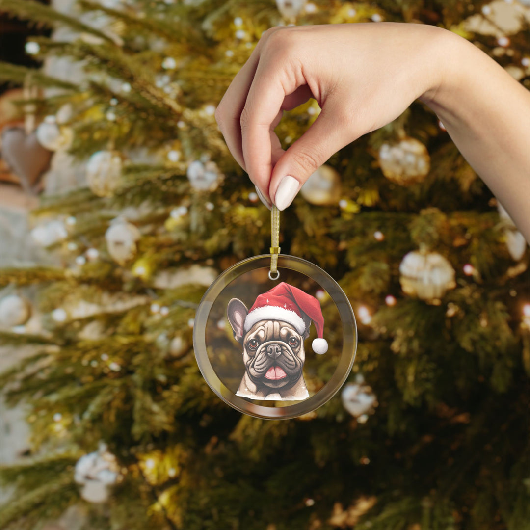 Glass Ornament - Light Brown French Bulldog  with Santa Hat - Frenchie