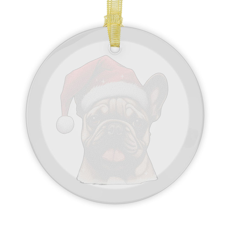 Glass Ornament - Light Brown French Bulldog  with Santa Hat - Frenchie