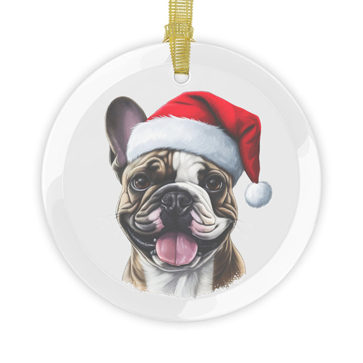 Glass Ornament - Brown and White French Bulldog  with Santa Hat - Frenchie