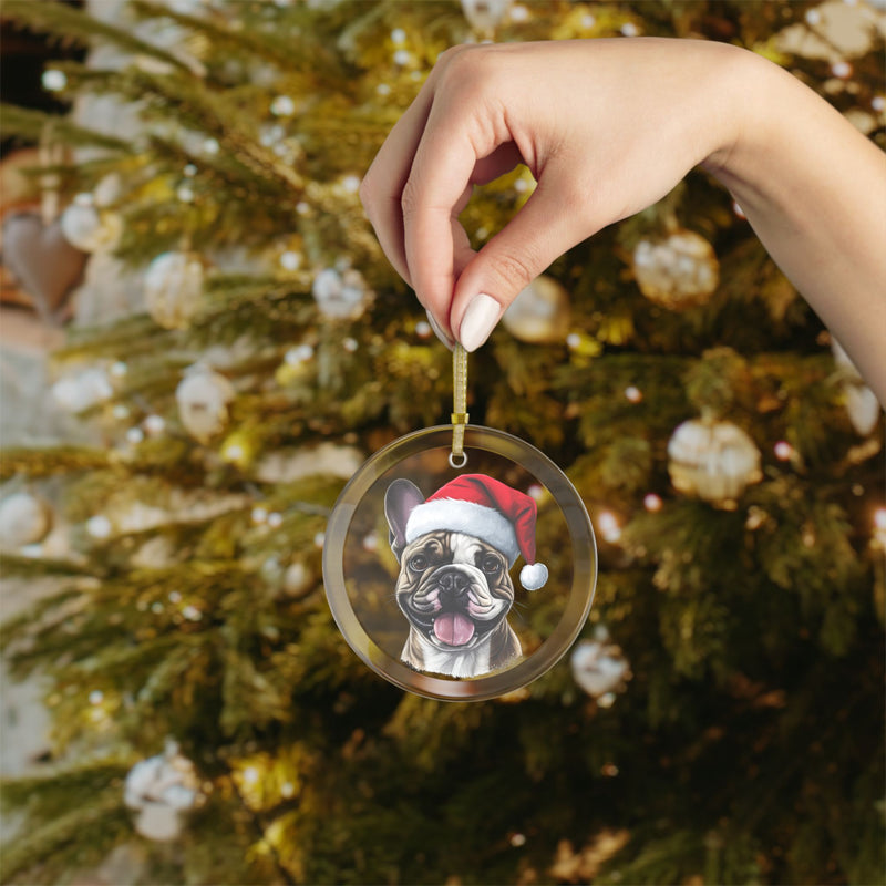 Glass Ornament - Brown and White French Bulldog  with Santa Hat - Frenchie