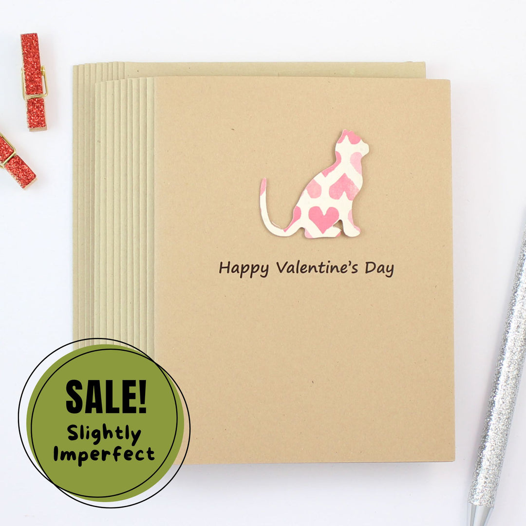 Cat Valentine's Day Greeting Card 10 pack Cat Silhouette with Pink Hearts Handmade Kraft Paper