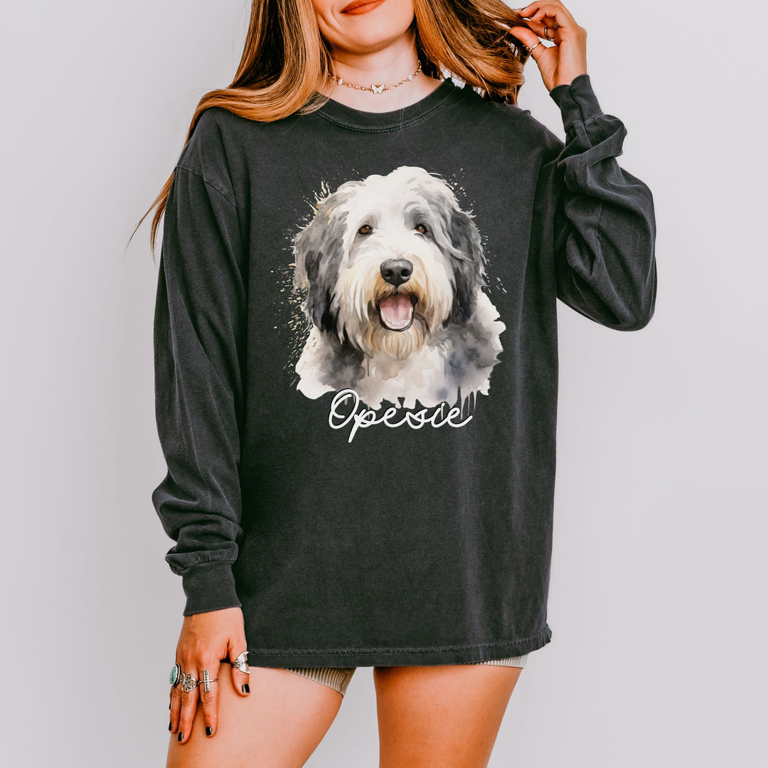 Old English Sheepdog Custom Dog Name Watercolor Long Sleeve Comfort Colors Tee Sizes S-XL