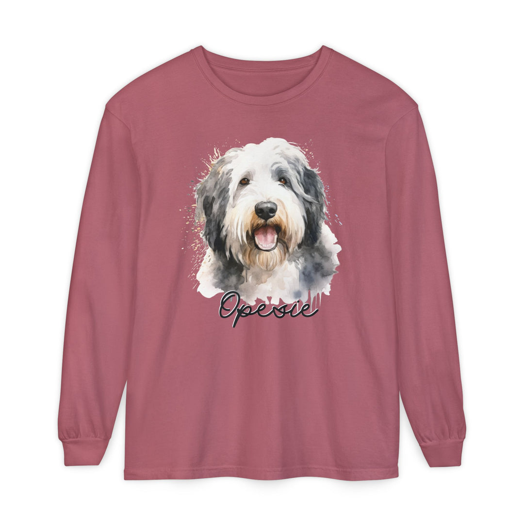 Old English Sheepdog Custom Dog Name Watercolor Long Sleeve Comfort Colors Tee Sizes S-XL