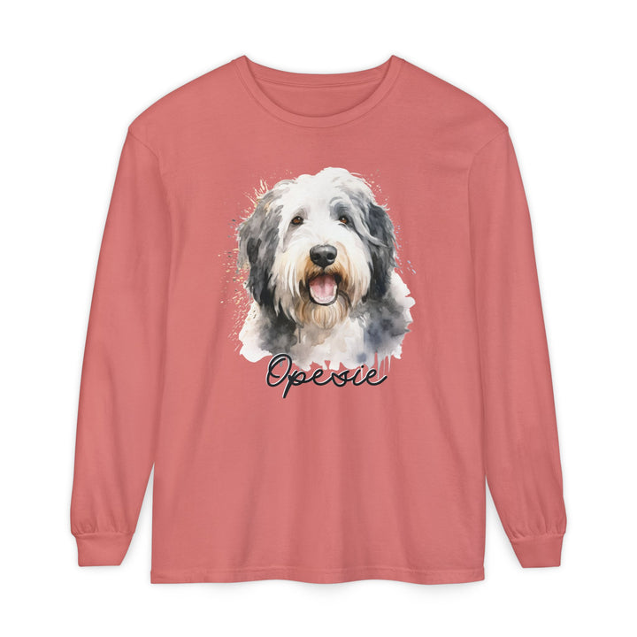 Old English Sheepdog Custom Dog Name Watercolor Long Sleeve Comfort Colors Tee Sizes S-XL