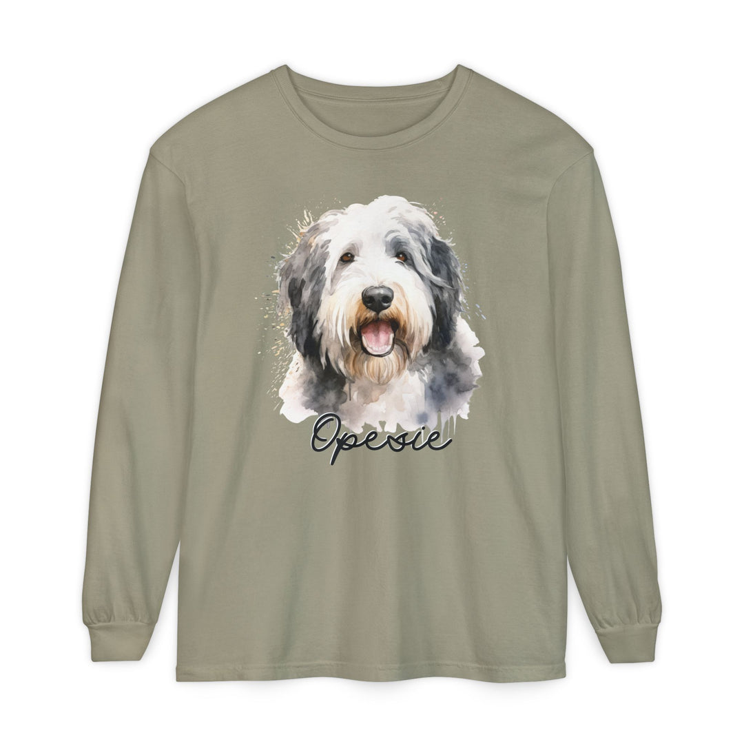 Old English Sheepdog Custom Dog Name Watercolor Long Sleeve Comfort Colors Tee Sizes S-XL