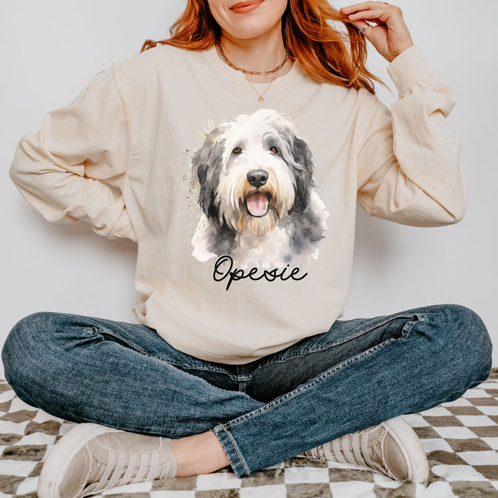 Old English Sheepdog Custom Dog Name Watercolor Long Sleeve Comfort Colors Tee Sizes S-XL