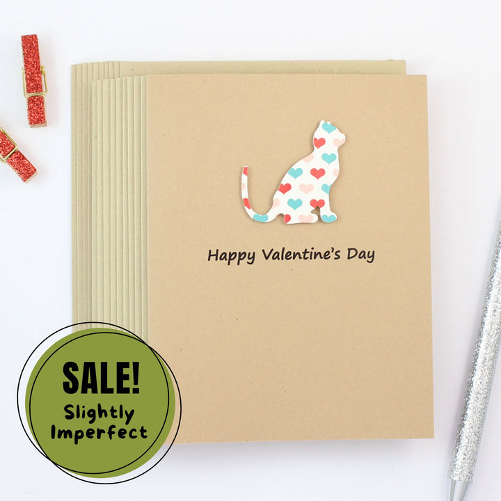 Cat Valentines Day Greeting Card 10 Pack - Colored Heart Pattern