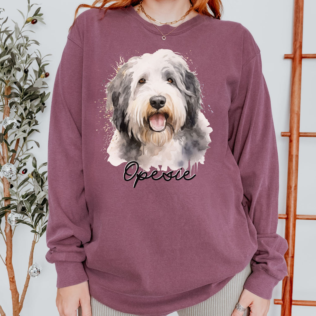 Old English Sheepdog Custom Dog Name Watercolor Long Sleeve Comfort Colors Tee Sizes S-XL