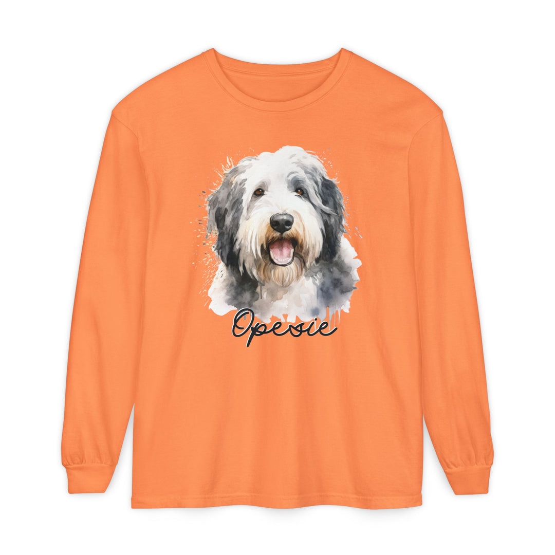 Old English Sheepdog Custom Dog Name Watercolor Long Sleeve Comfort Colors Tee Sizes S-XL