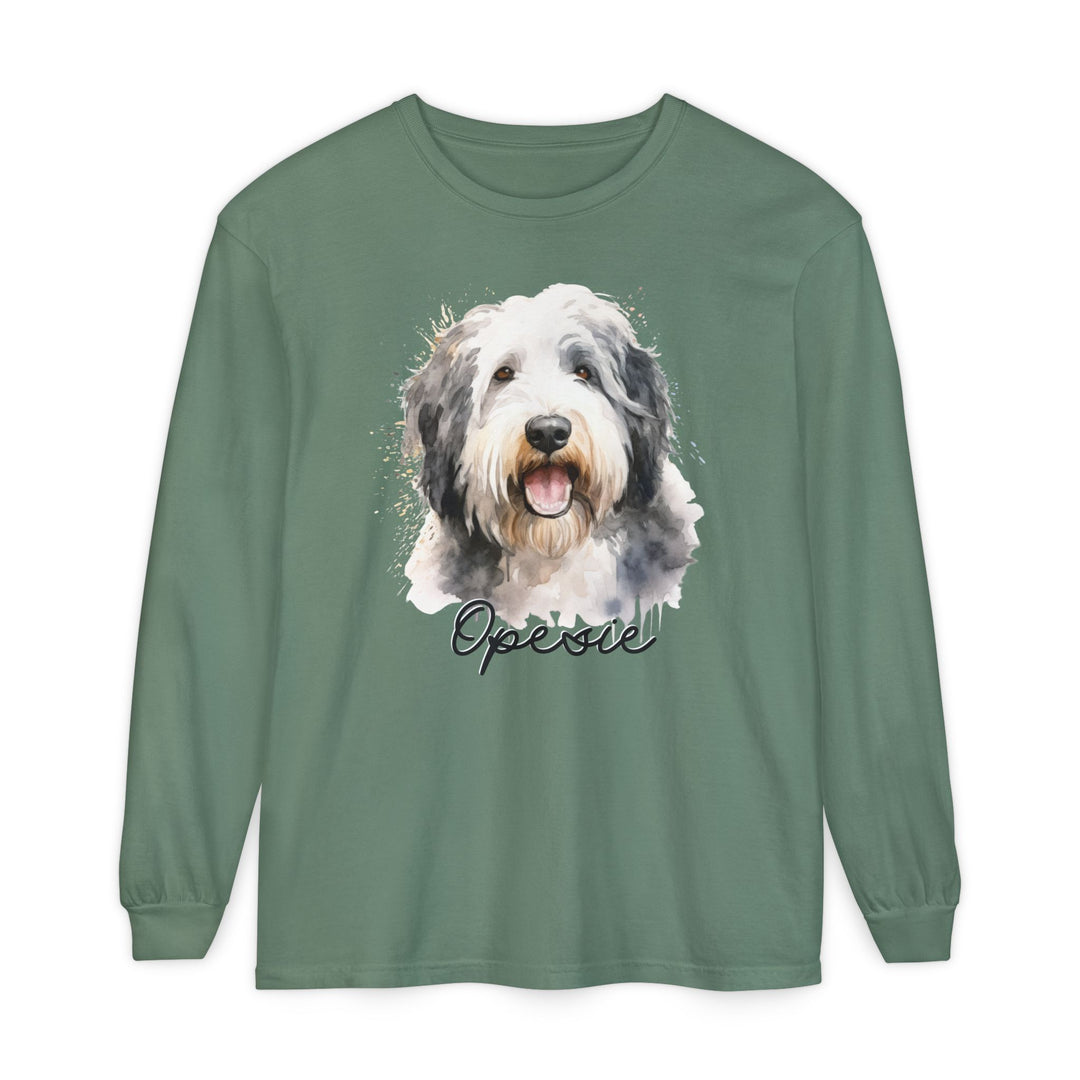 Old English Sheepdog Custom Dog Name Watercolor Long Sleeve Comfort Colors Tee Sizes S-XL