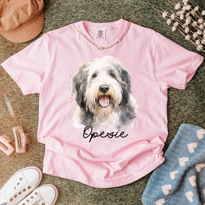 Old English Sheepdog Custom Name Comfort Colors T-shirt - S-XL Multiple Colors