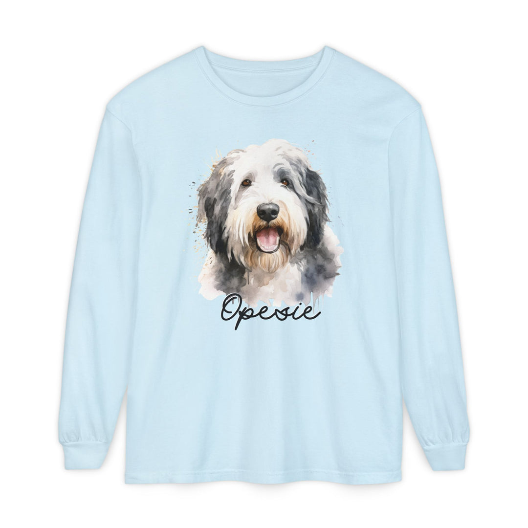 Old English Sheepdog Custom Dog Name Watercolor Long Sleeve Comfort Colors Tee Sizes S-XL