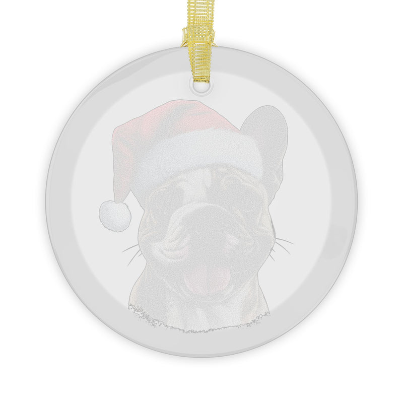 Glass Ornament - Brown and White French Bulldog  with Santa Hat - Frenchie