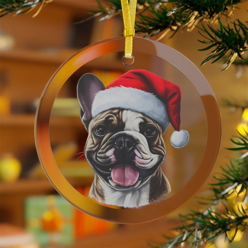 Glass Ornament - Brown and White French Bulldog  with Santa Hat - Frenchie