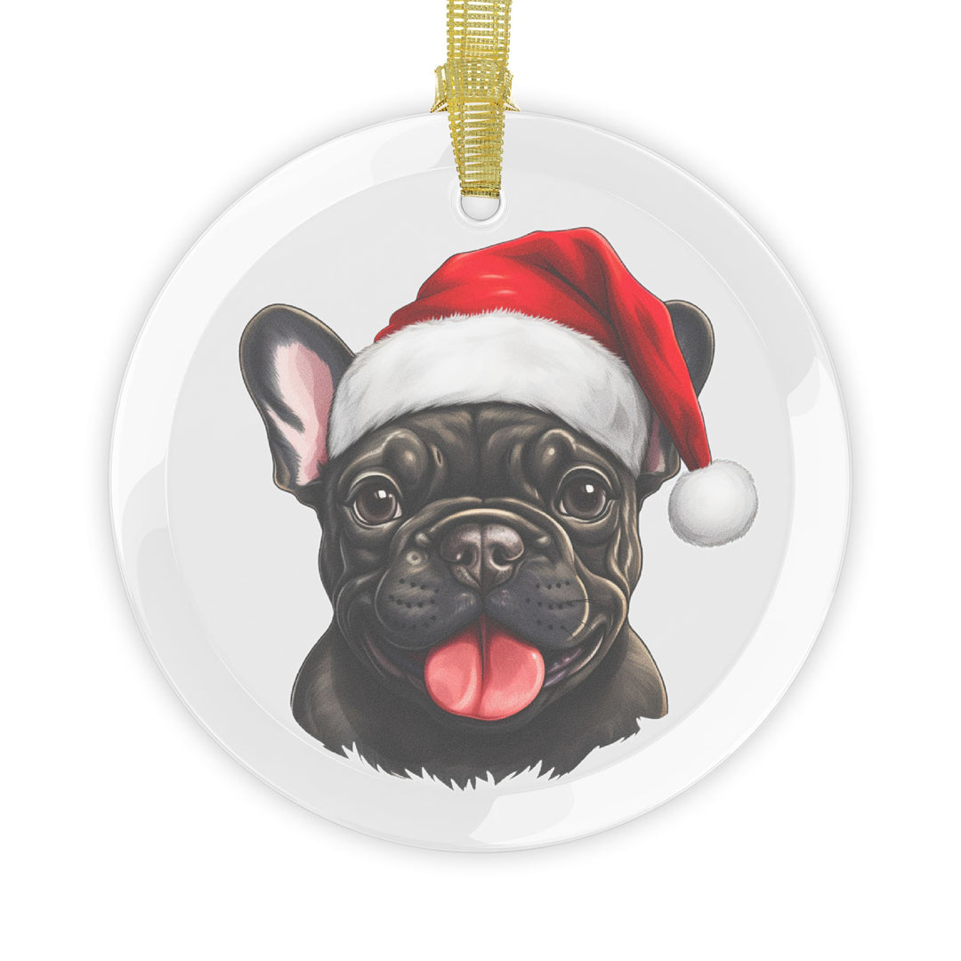 Glass Ornament - Black French Bulldog  with Santa Hat - Frenchie