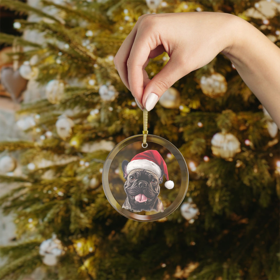 Glass Ornament - Dark Brown French Bulldog  with Santa Hat - Frenchie