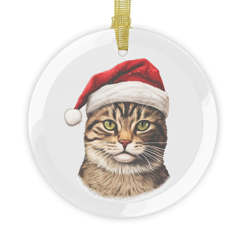 Glass Ornament - Tabby Cat with Santa Hat