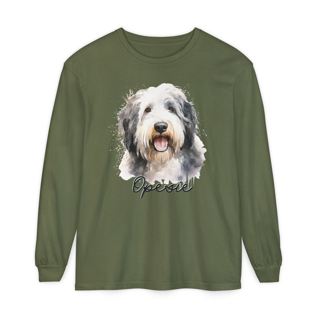 Old English Sheepdog Custom Dog Name Watercolor Long Sleeve Comfort Colors Tee Sizes S-XL