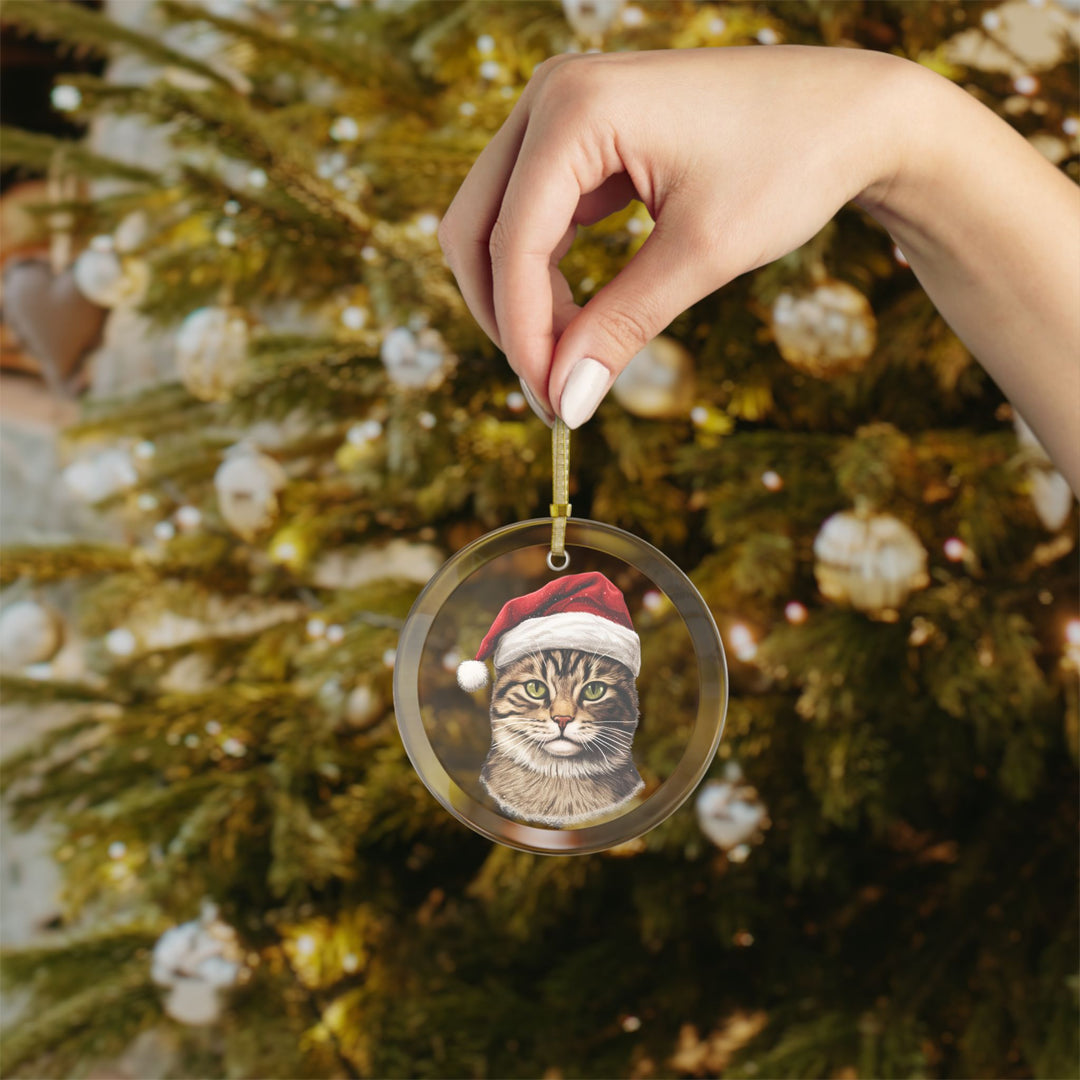 Glass Ornament - Tabby Cat with Santa Hat