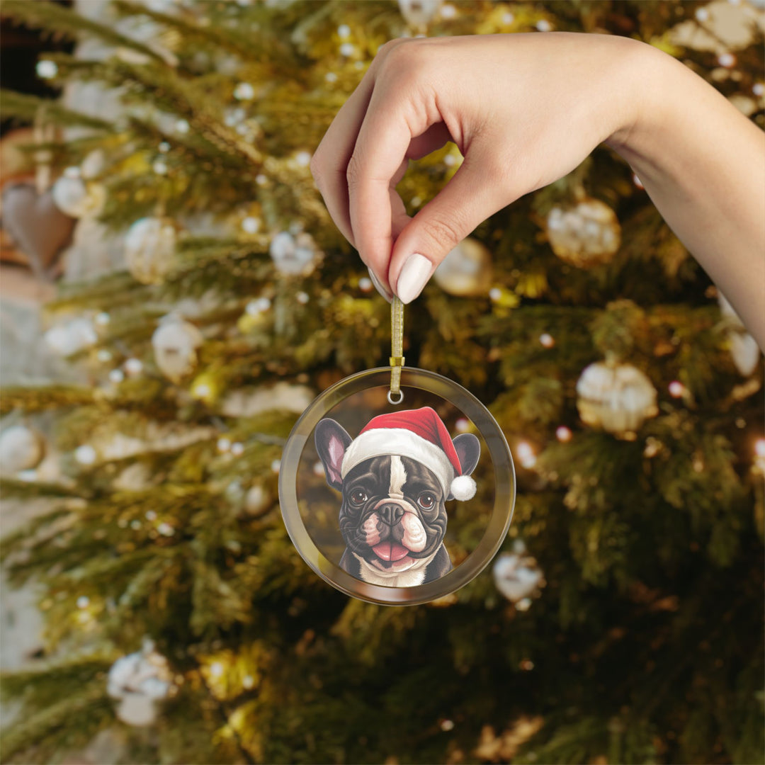 Glass Ornament - Dark Brown and White French Bulldog  with Santa Hat - Frenchie