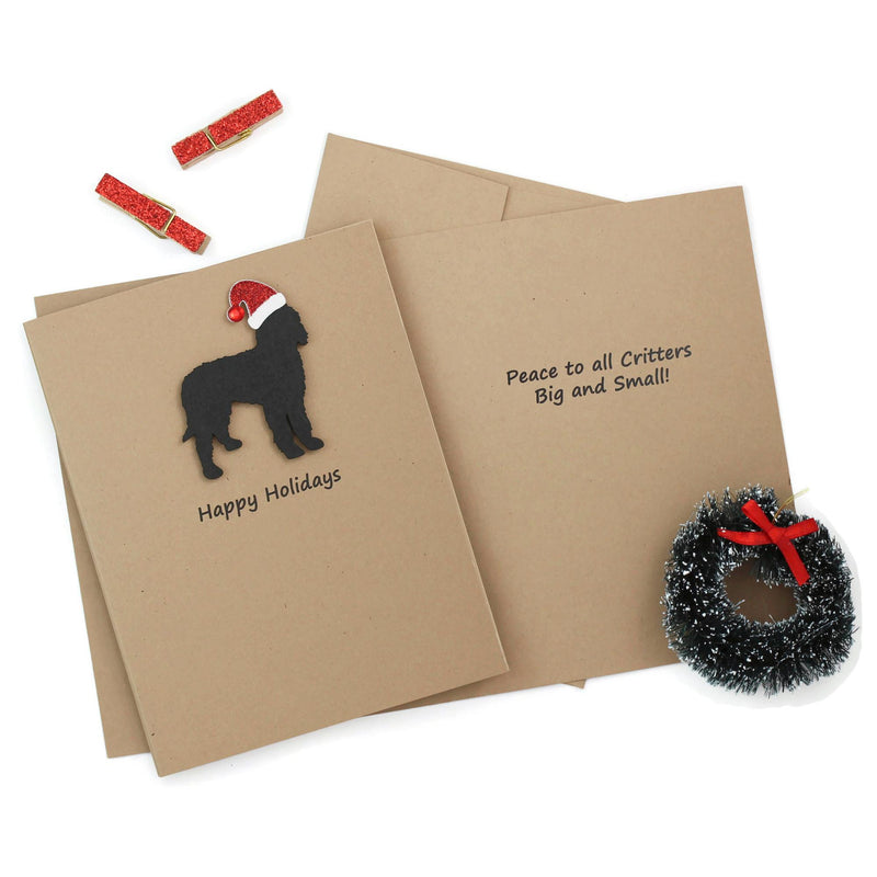 Black Doodle Christmas Cards Pack of 10 | Handmade Black Labradoodle Dog Holiday Bernedoodle | Sparkly Santa Hat Pet Notecards Kraft Brown