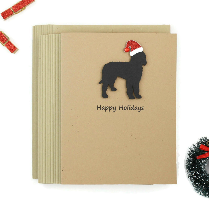 Black Doodle Christmas Cards Pack of 10 | Handmade Black Labradoodle Dog Holiday Bernedoodle | Sparkly Santa Hat Pet Notecards Kraft Brown