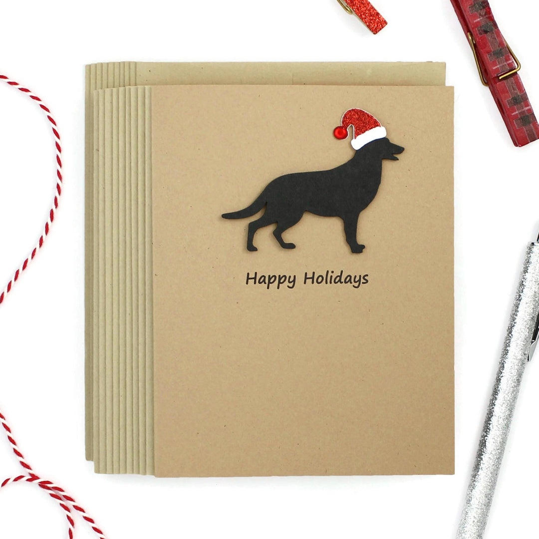 German Shepherd Dog Christmas Cards Pack of 10 | GSD Holiday Notecards | Black Dog Greeting with Santa hat | Kraft Brown with Envelopes