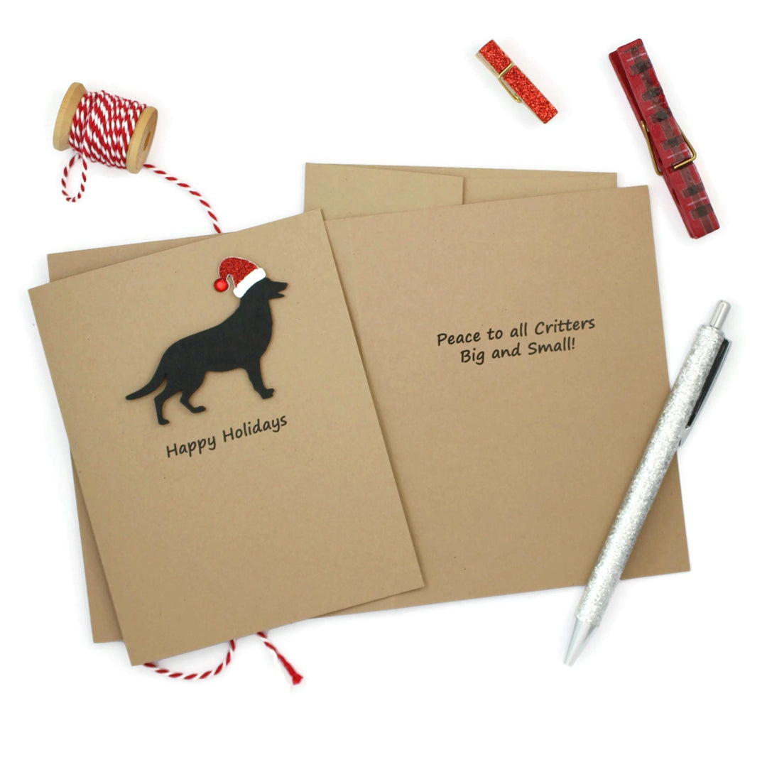 German Shepherd Dog Christmas Cards Pack of 10 | GSD Holiday Notecards | Black Dog Greeting with Santa hat | Kraft Brown with Envelopes