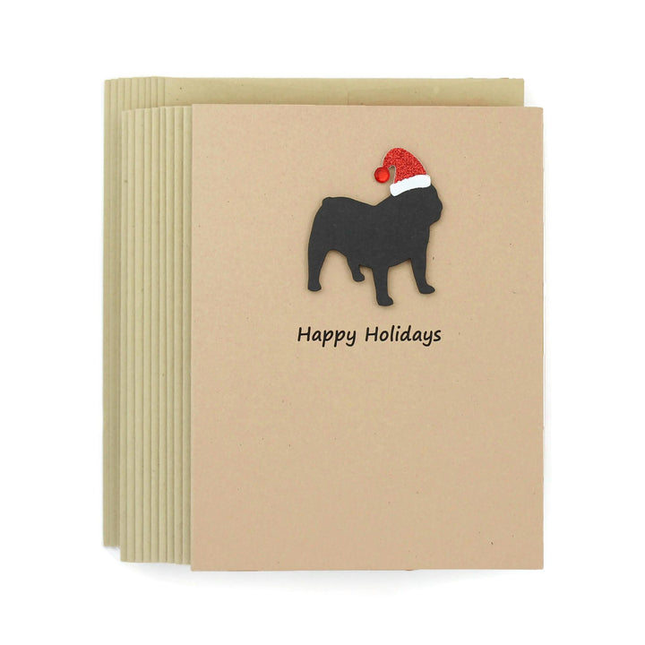 Black Bulldog Christmas Cards Pack of 10 | Handmade English Bulldog Dog Holiday Notecards | Sparkly Santa Hat Pet Kraft Brown with Envelopes