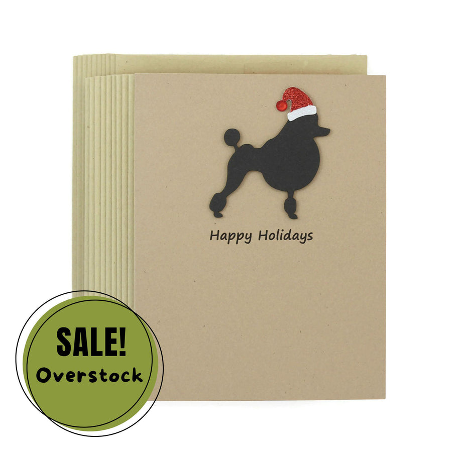 Black Poodle Christmas Cards Pack of 10 | Handmade Black Dog Holiday Continental Clip | Sparkly Santa Hat Pet Notecards Kraft Brown