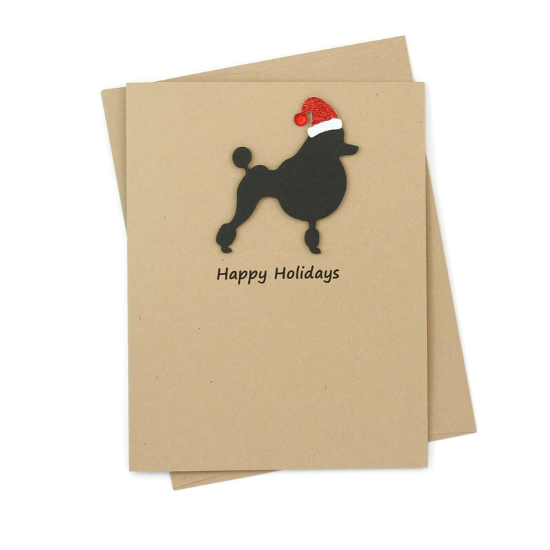 Black Poodle Christmas Cards Pack of 10 | Handmade Black Dog Holiday Continental Clip | Sparkly Santa Hat Pet Notecards Kraft Brown