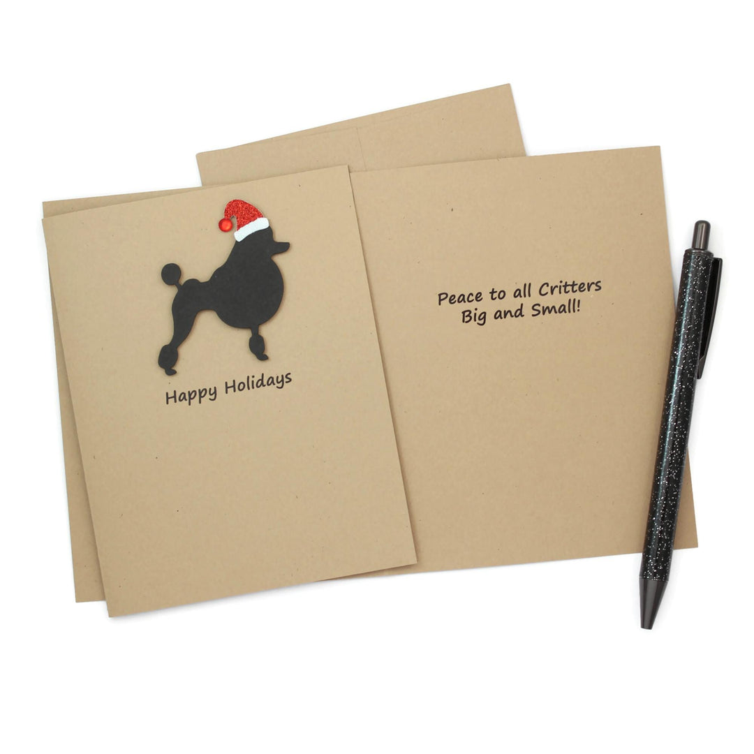 Black Poodle Christmas Cards Pack of 10 | Handmade Black Dog Holiday Continental Clip | Sparkly Santa Hat Pet Notecards Kraft Brown