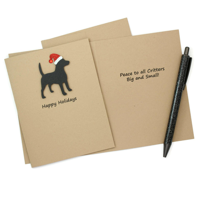 Beagle Christmas Greeting Cards Pack of 10 | Handmade Black Dog Holiday Boxed Set | Sparkly Santa Hat Pet Notecards Kraft Brown Envelopes