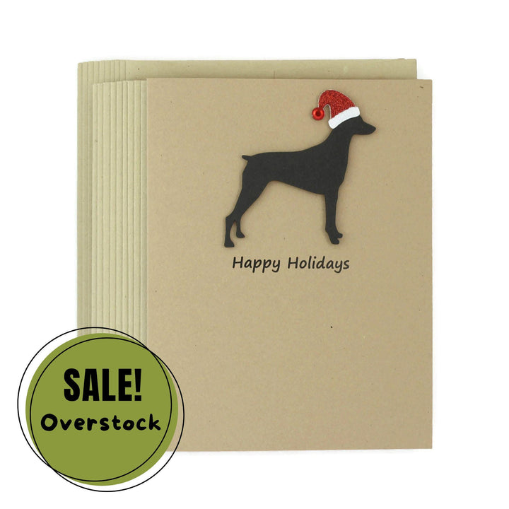 Pinscher Christmas Greeting Cards Pack of 10 | Handmade Black Dog Holiday Boxed Set | Sparkly Santa Hat Doberman Miniature German Pinscher