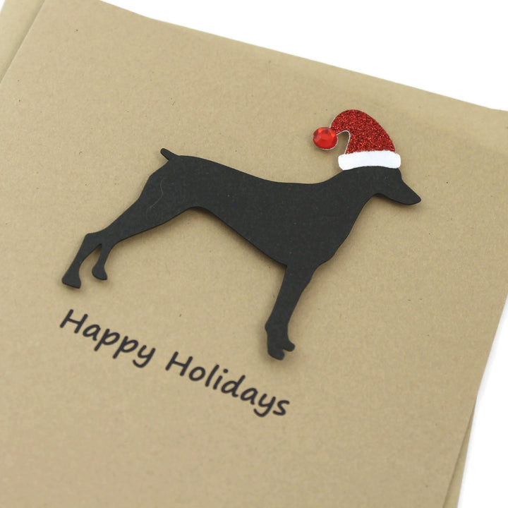 Pinscher Christmas Greeting Cards Pack of 10 | Handmade Black Dog Holiday Boxed Set | Sparkly Santa Hat Doberman Miniature German Pinscher