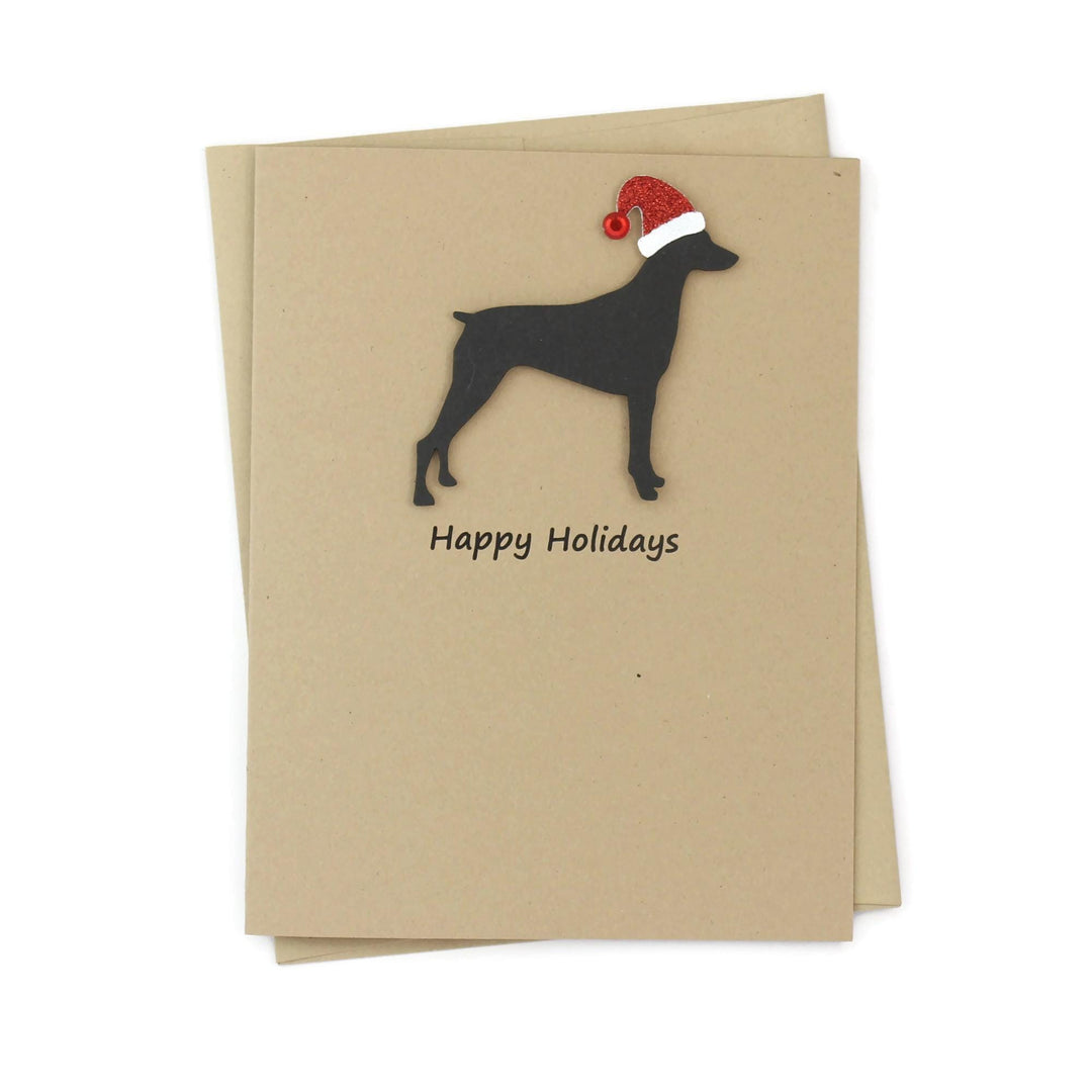 Pinscher Christmas Greeting Cards Pack of 10 | Handmade Black Dog Holiday Boxed Set | Sparkly Santa Hat Doberman Miniature German Pinscher