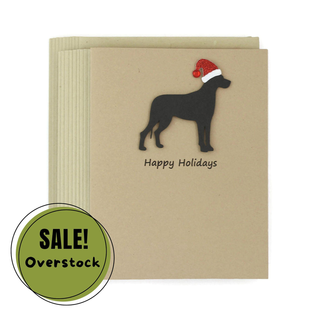 Great Dane Christmas Greeting Cards Pack of 10 | Handmade Black Dog Holiday Boxed Set | Sparkly Santa Hat Kraft Brown with Envelopes